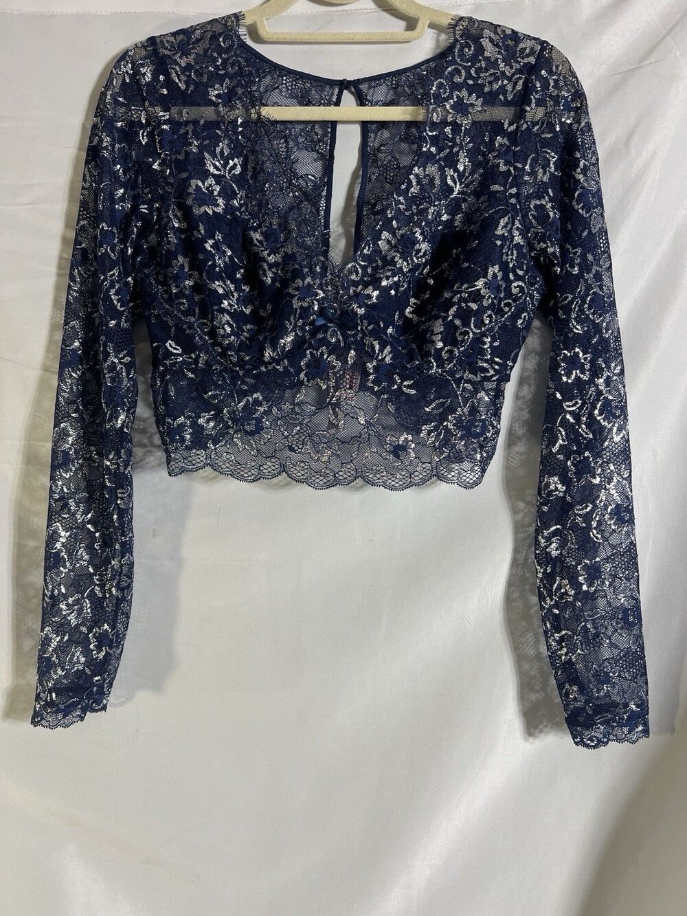 Victoria's Secret Dream Angel Top Navy Silver Metallic Lace Whimsigoth Fairycore